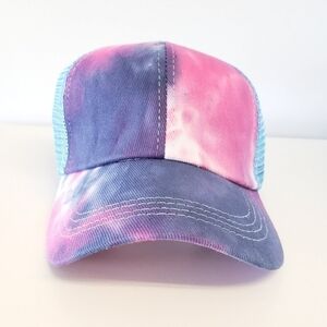 Tie Dye Ponytail Baseball Hat NWOT Navy, Pink, Aqua Mesh Back Trucker Cap